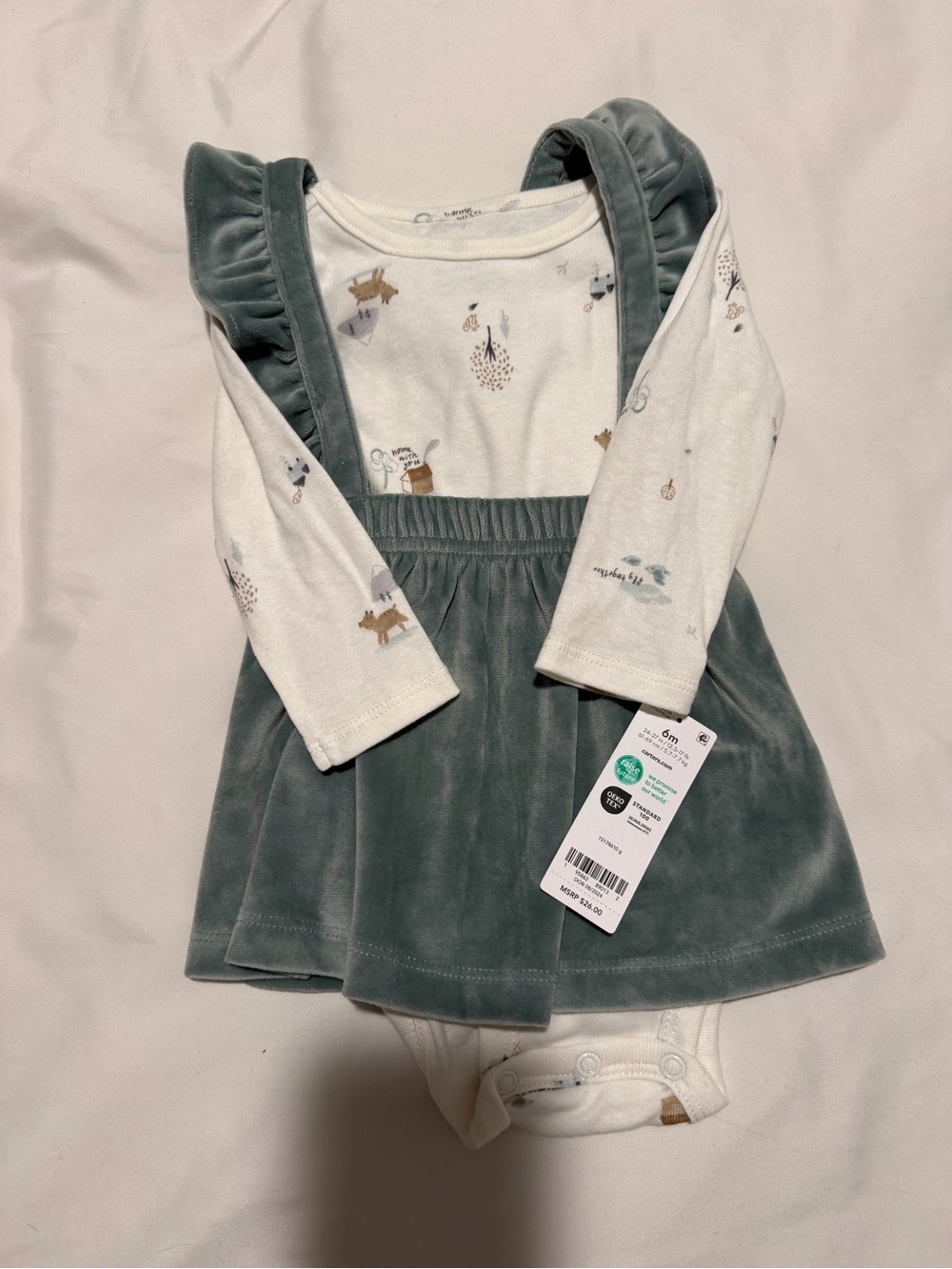 Carter's Sage Green Velvet Ruffle Pinafore Bodysuit Set